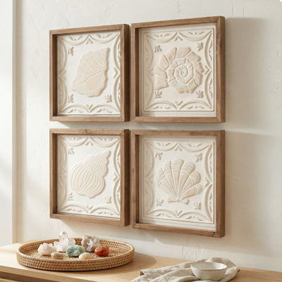 Spiral Seashells Framed 3D Coastal Wall Art Set of 4, Beach Wall Accent for Bathroom, Coastal Bedroom, Ocean Nautical Beach House Decor, Textured Shell & Starfish Artwork 9x9