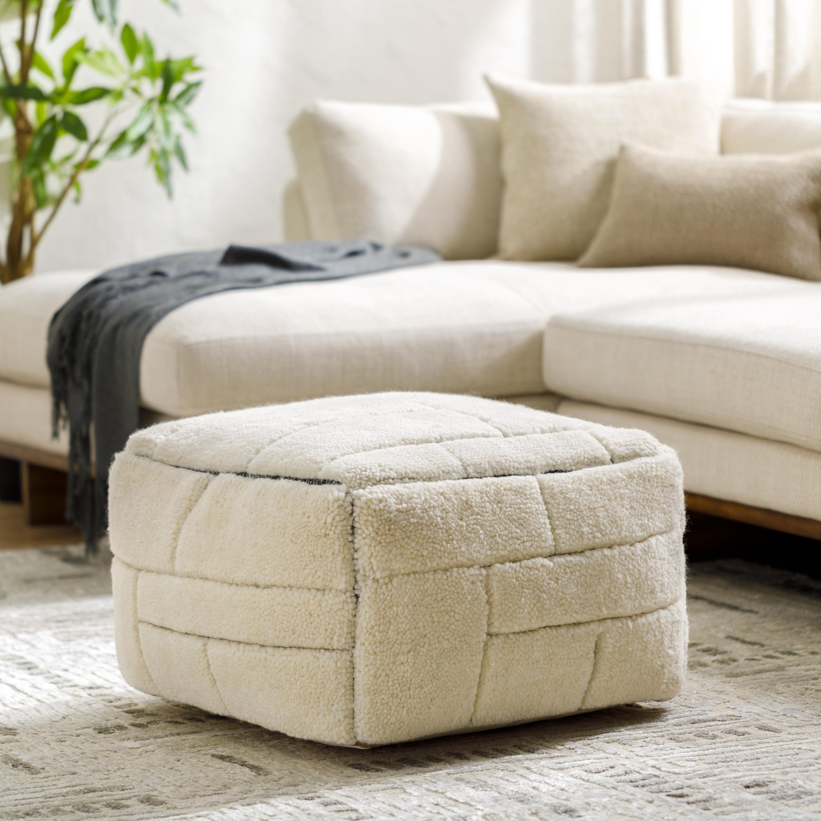 Tuberose Upholstered Pouf, Off White Wool/Polyester Blend
