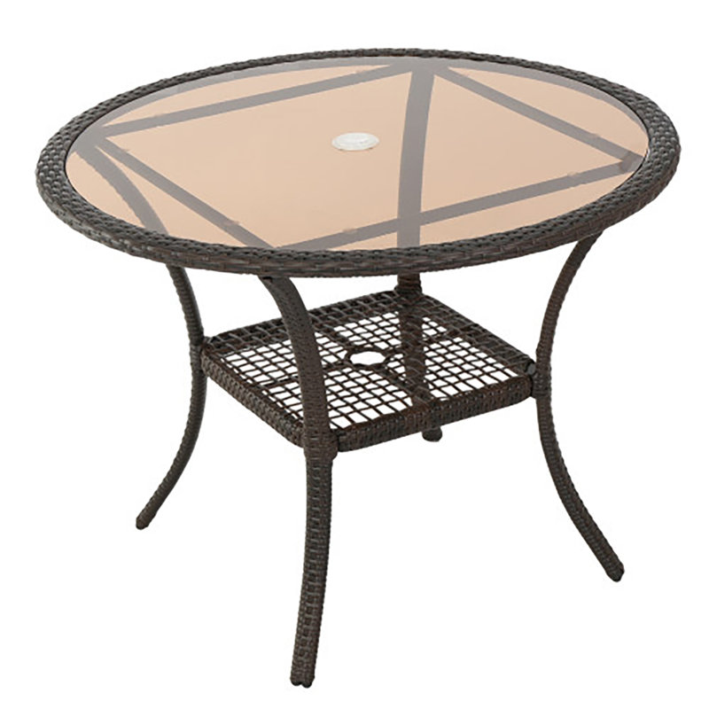 Round Glass Outdoor Dining Table Umbrella Hole , 37.5 " W 37.5 " D, Brown