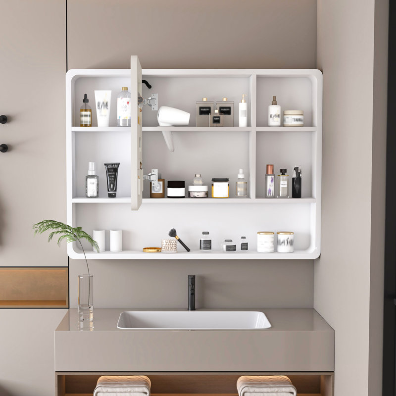 Elin 35 po X P 28 po H Grande armoire à pharmacie rectangulaire à 3 lumières DEL à fixation en surface avec miroir avec support de rangement pour cosmétiques et support pour sèche-cheveux