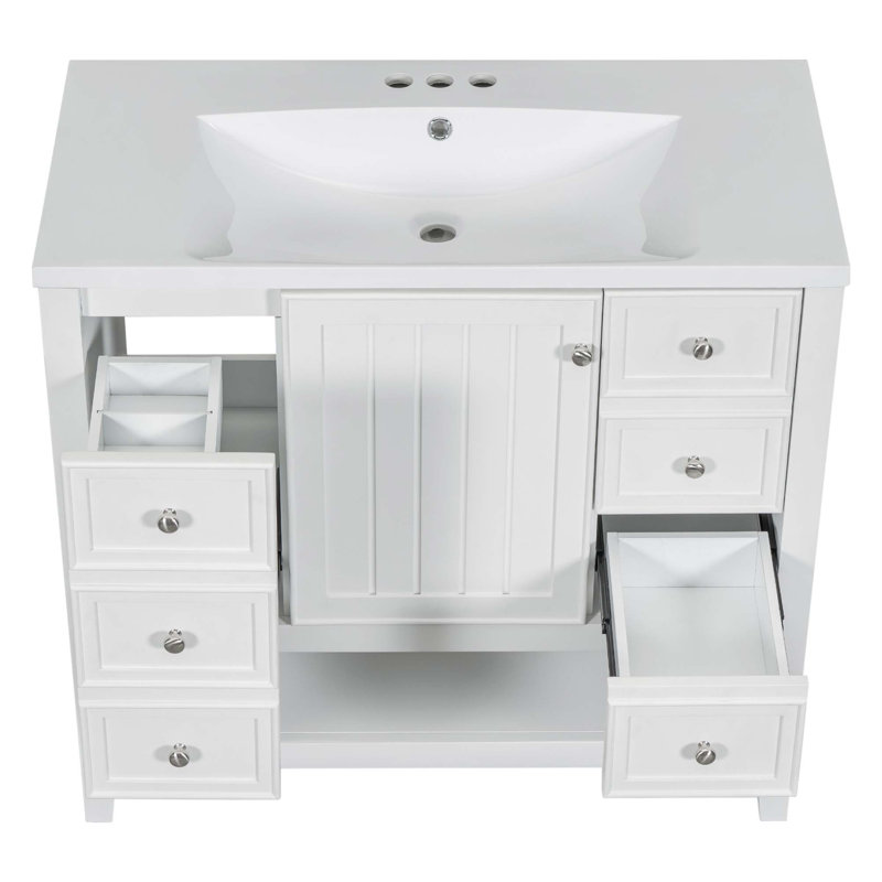Ensemble de meuble-lavabo 36 po avec lavabo, une armoire et trois tiroirs, une tablette ouverte, Blanc
