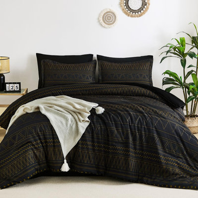 7 Pieces Boho Geometric Striped Comforter Set Soft Microfiber with Pillowcases, Flat Sheet, Fitted Sheet & Pillow Shams