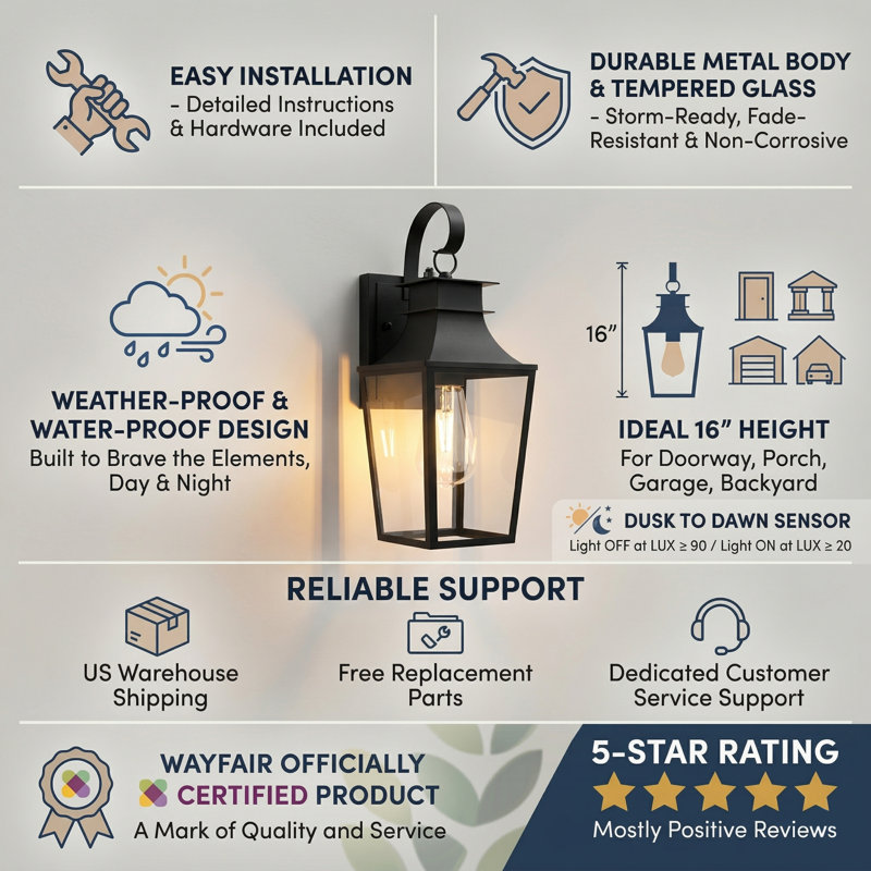 1 - Light 16''H Black Iron Tempered Glass Outdoor Wall Light with Dusk to Dawn, Black