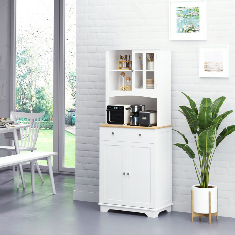 Buffet de cuisine autoportant de 67 po avec huche, garde-manger avec support à micro-ondes, tablette réglable, 2 tiroirs, armoire, blanc