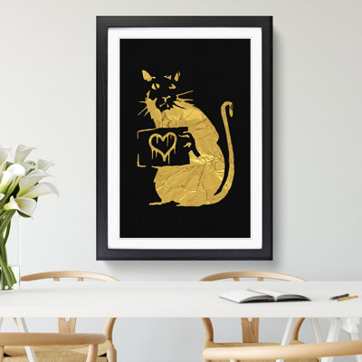 Banksy in Gold Rat with Heart - Picture Frame Graphic Art