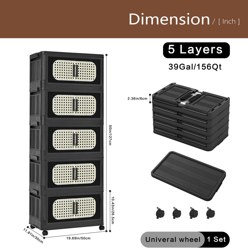 Armoire de rangement pliante latérale de 20 po de large, 5 niveaux, 19,69 po x 11,81 po x 50,00 po, bacs de rangement pliables avec porte magnétique, armoire de rangement en plastique avec roues