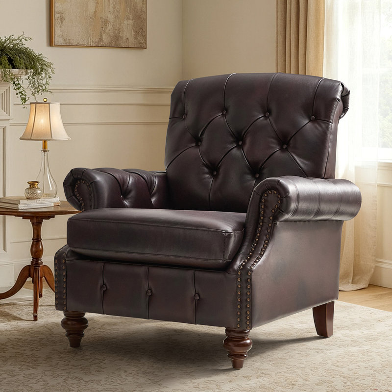 Alesha 36.5"W Traditional Cowhide Genuine Leather Accent Chair with Tufted Back, Espresso Genuine Leather