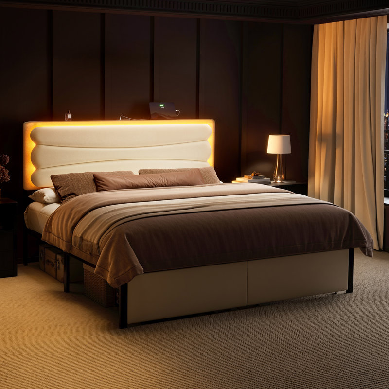 Grand lit tapissier avec 2 tiroirs de rangement, lit de rangement en velours avec lumière DEL et station de charge, Grand