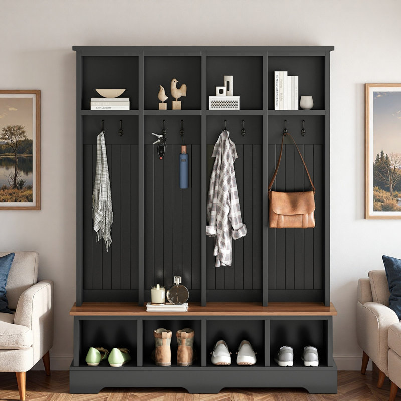 Rustic Farmhouse 59"W Wide Hall Tree - Practical 3-In-1 Entryway Bench With 8 Hooks And Open Compartments, Black, Black