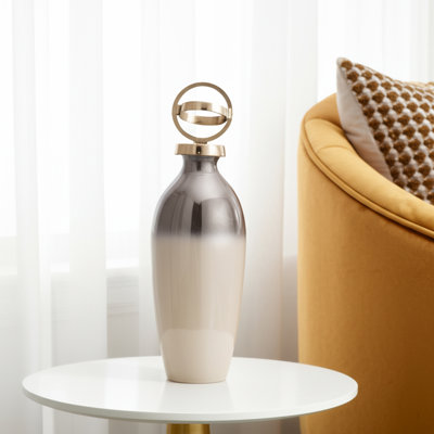 Decorative Glass and Metal Jar with Aluminum Sculptural Lid and Modern Glam Design