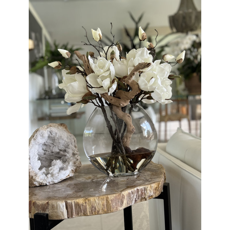 10" Moon Vase With White Magnolias	, White