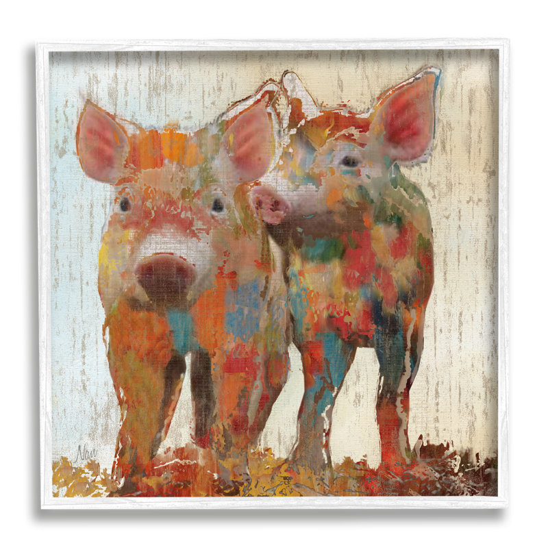 " Rustic Farm Pigs Abstract Contemporary Patchwork Pattern ", Coastal White Framed Giclee, 17" H x 17" W x 1.5" D