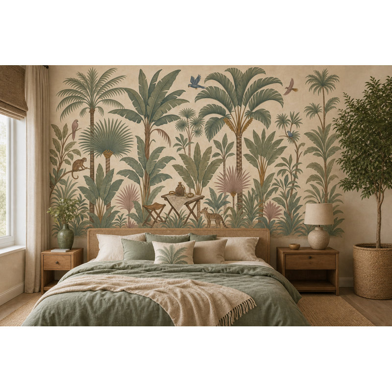 Panneau mural jungle tropicale Illustration botanique murale rétro, Textured Non-Pasted, 140 po x 108 po