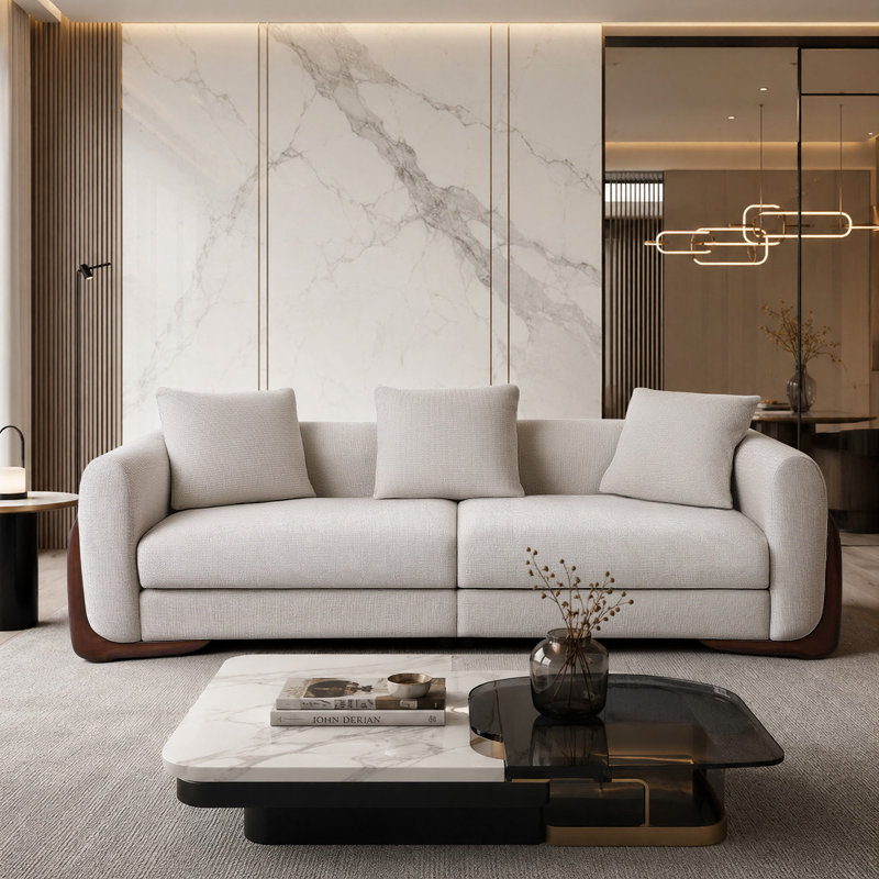 Canapé moderne de 211 cm en tissu, structure en bois massif, blanc, pour salon, Blanc