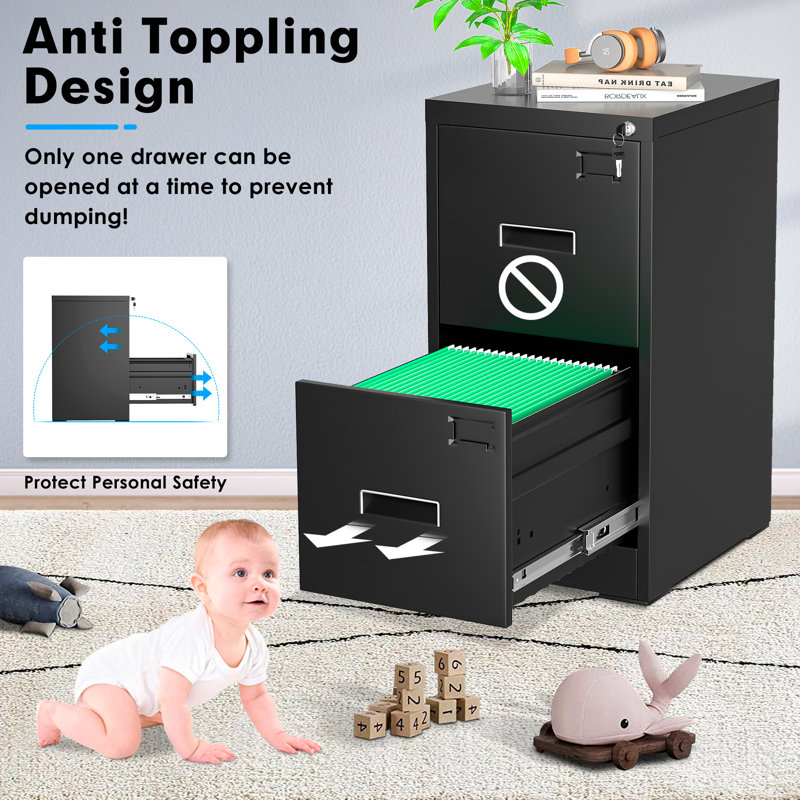 15'' Wide 2 Drawer Metal Vertical Storage File Cabinet with Lock, Black