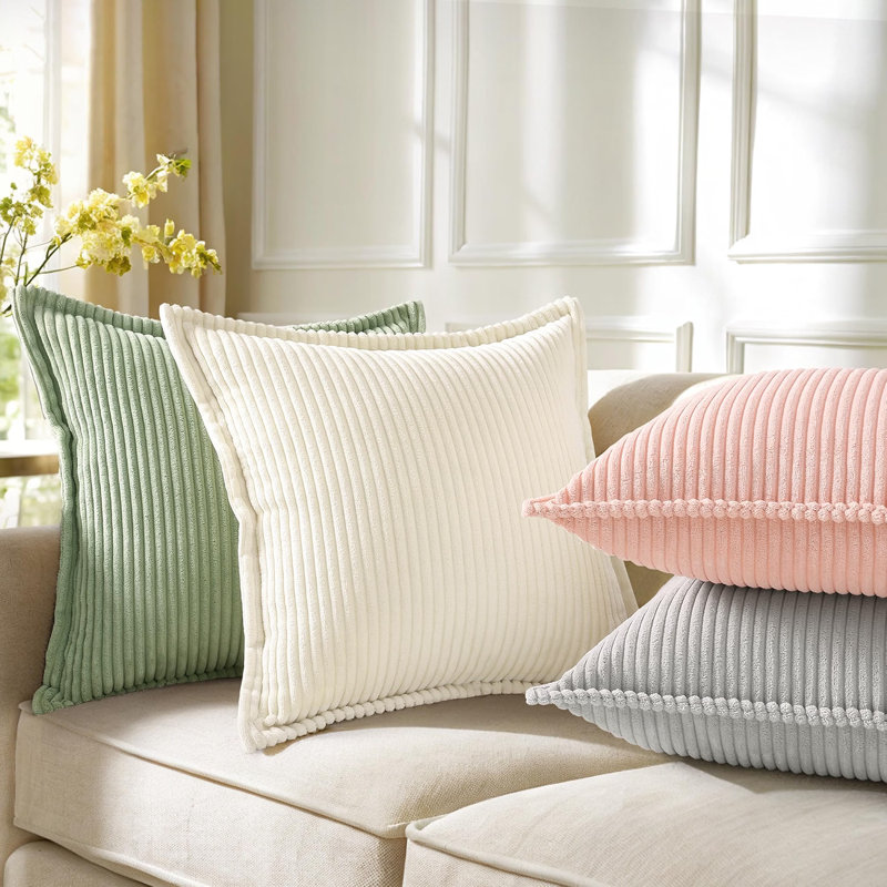 Housses de coussin en velours côtelé doux. Taies d'oreiller carrées rayées texturées neutres pour canapé-lit (paquet de 2)