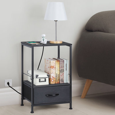 Set Of 2 Nightstand With Charging Station, End Table With Fabric Drawer And Open Shelf, Black
