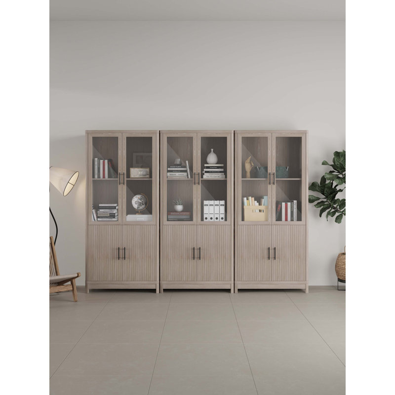 Jodie 67.6" H x 31" W Mid-Century Modern 6-Shelf Bookcase with Tempered Glass Doors in Whitewashed Oak, White Washed Oak