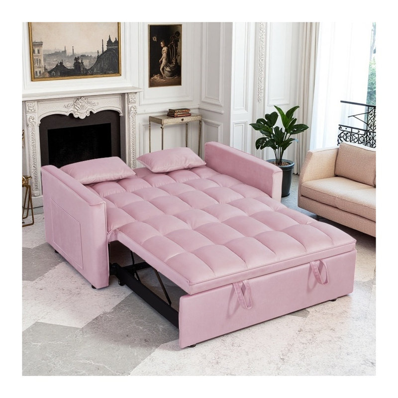 Canapé-lit moderne à 2 places escamotable, causeuse en velours 54 po avec lit double convertible, rose