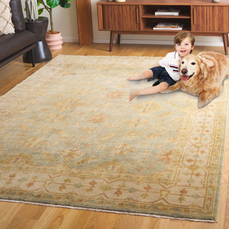 Oushak Oriental Hand-Knotted Wool Soft Green/Ivory Area Rug, Rectangle 6' x 9'