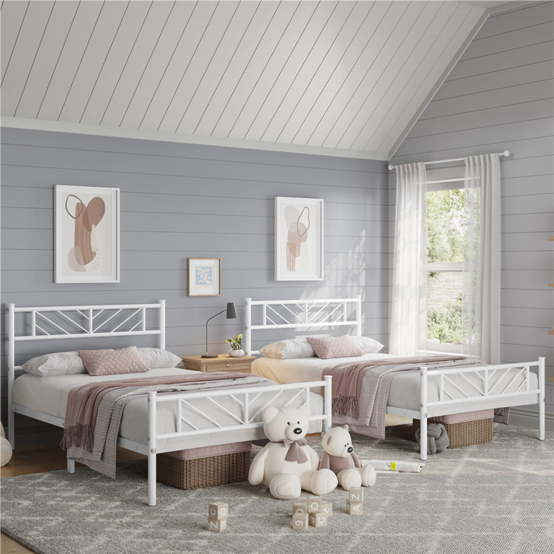 Minimalist Metal Slatted Bed Platform with Arrow Design Headboard, White, Single (3')