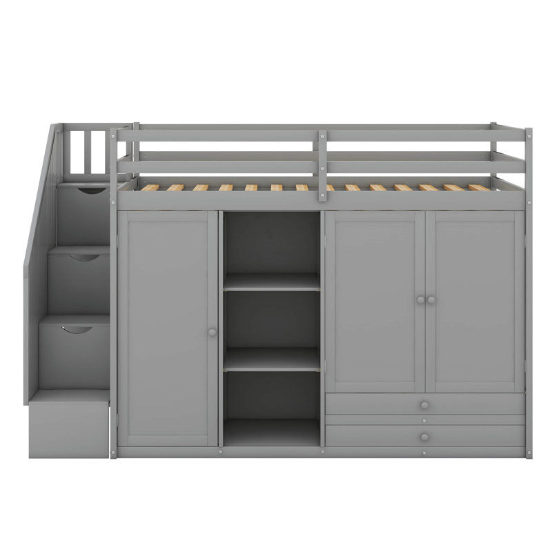 Lit mezzanine simple avec 3 tablettes, 2 armoires et 2 tiroirs, échelle avec rangement, Gris
