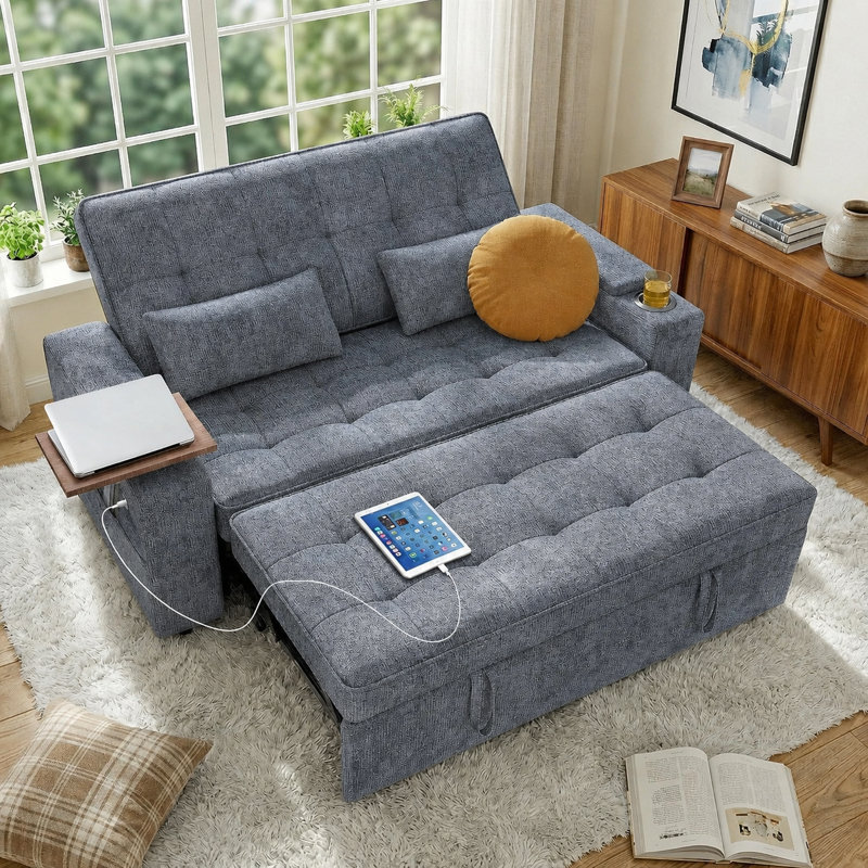 Canapé-lit 65 po pliable convertible, petit canapé-lit escamotable avec table d'appoint pivotante à 90 ° et port USB latéral