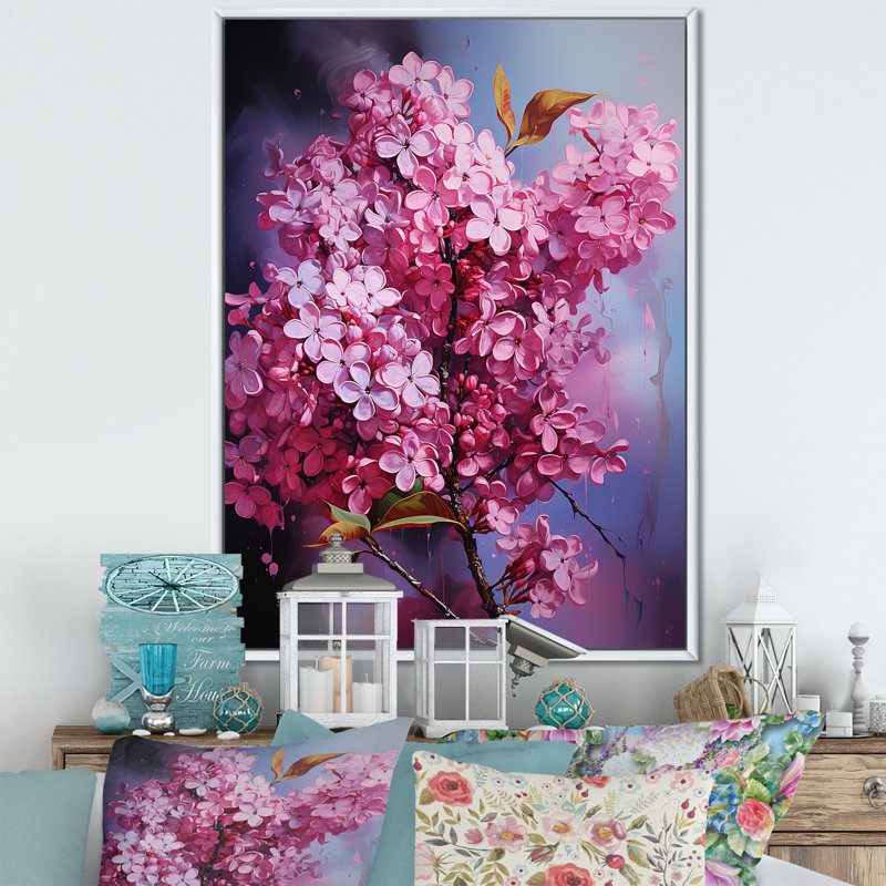 «Neon Pink Lilacs Pop Beauty Unveilé I», reproduction sur toile, Cadre flottant blanc, H 32 po x l 16 po x P 1 po