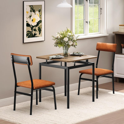 3 Piece Dining Table Set, Kitchen Table Set for 2 with 2 PU Upholstered Chair, Industrial Metal Frame Dinette Set for Small Space, Dining Room, Apartment, Studio