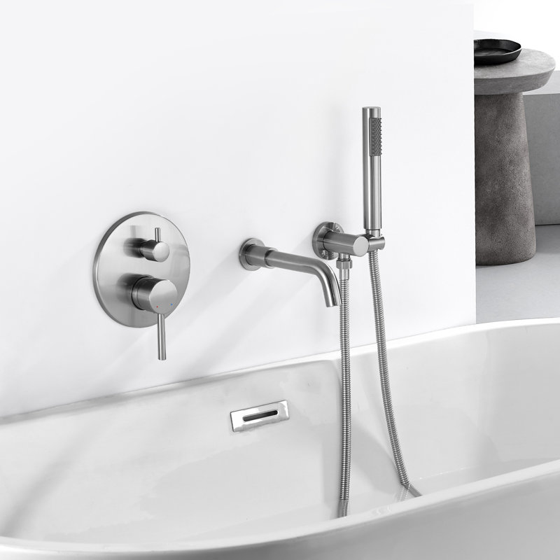 Contemporary 7.28" Wall Mounted Bathroom Tub Faucet in Brushed Nickel, Lead-Free Solid Brass with Hand Shower, Brushed Nickel