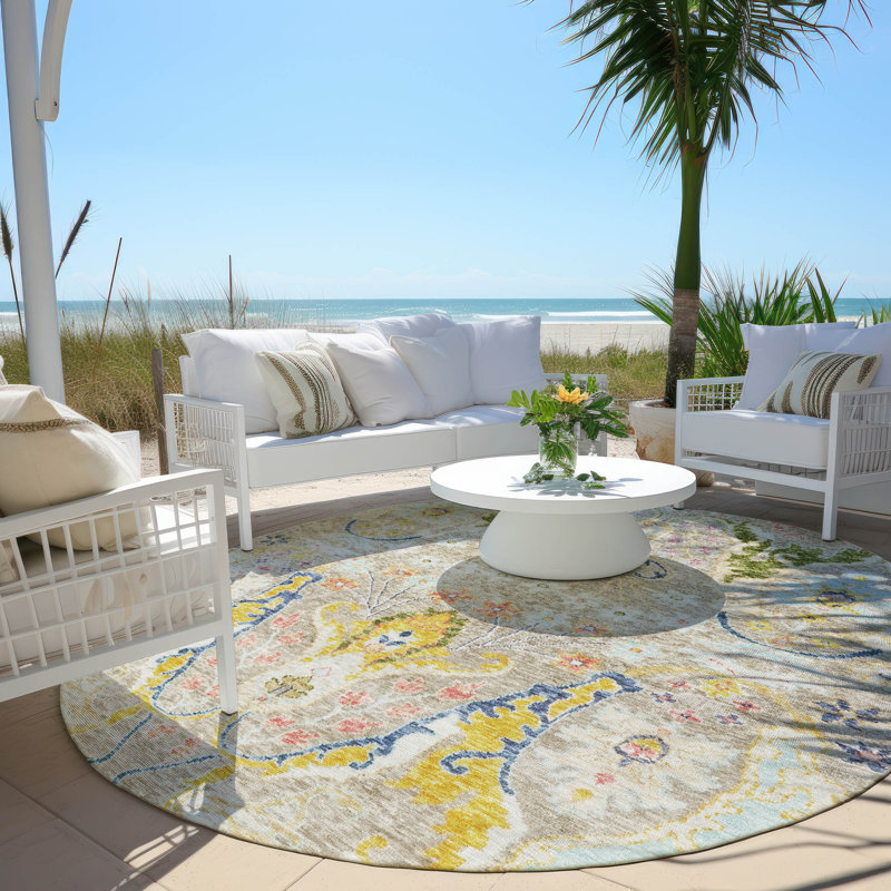 Machine Washable Indoor/Outdoor Xhevrie Beige Rug, Round 8'