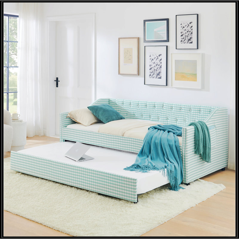 Lit de jour simple, canapé-lit convertible polyvalent 3 en 1 Gingham avec couchette coulissante et poches de rangement latérales, idéal pour les petits espaces