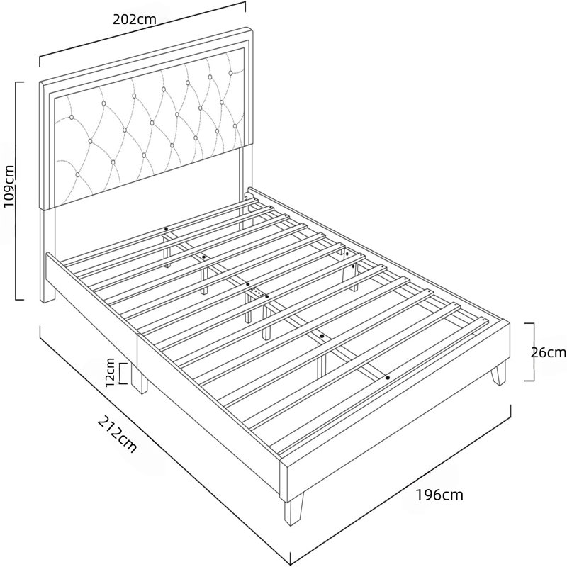 Structure de lit tapissier très grand en velours - tête de lit capitonnée à losanges, lattes en bois, aucun sommier tapissier requis, bleu foncé, plateforme moderne