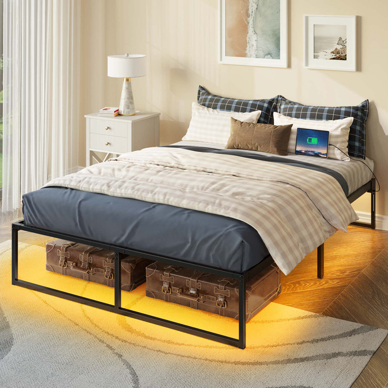Laureldale 14 inches Metal Platform Bed with LED Lights, USB Charging Station, Queen
