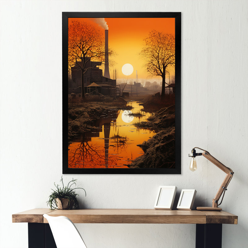 Usine paysage safran lever du soleil I sur toile, Cadre simple noir, H 20 po x l 12 po x P 1 po