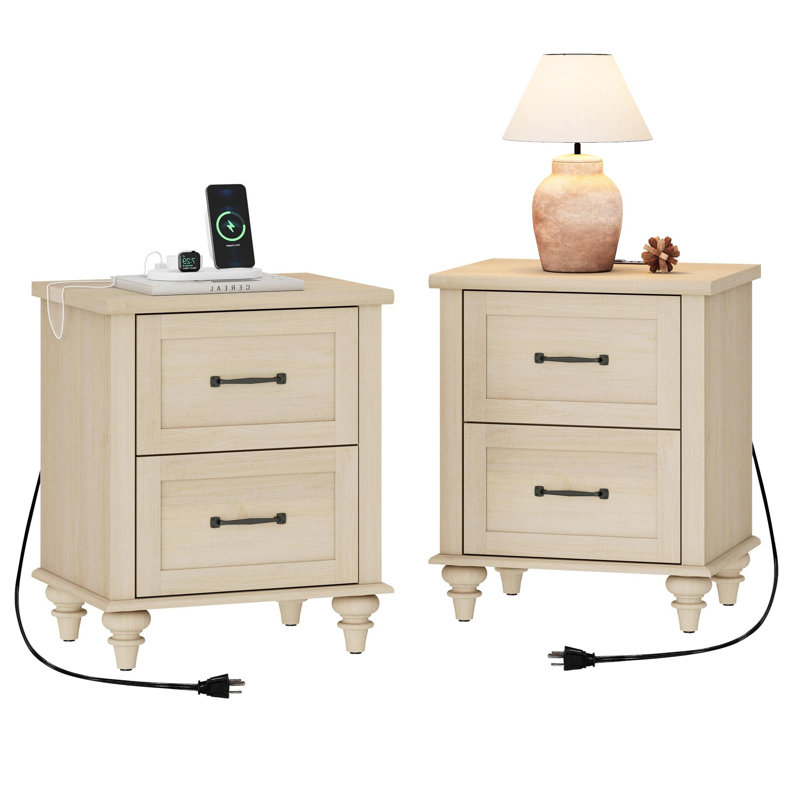 Set Of 2 Beige End Tables With Charging Station & 2 Drawers