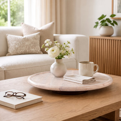 Plateau tournant décoratif en marbre et bois d'acacia pour décoration d'intérieur - Table tournante ronde décorative pour table basse ou salle à manger - 20 po, ivoire 