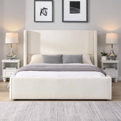 Queen Size Elegant White Fabric Upholstered Bed with Tall Headboard, White