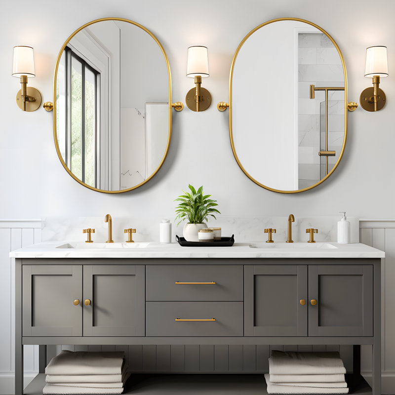 Metal Oval Wall Mirrors with Tilted Frame, 32" x 23", Gold