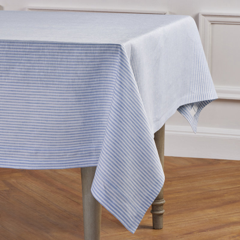 100% Pure Linen Tablecloth, 90" L x 60" W, Cornflower Blue/White, Narrow Stripe