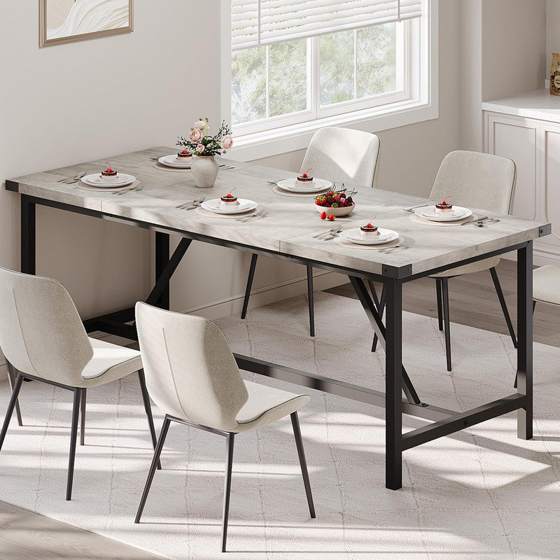 Table de salle à manger 70,87 "industrielle pour 6-8, table de cuisine à structure en métal avec base en H, surface imperméable