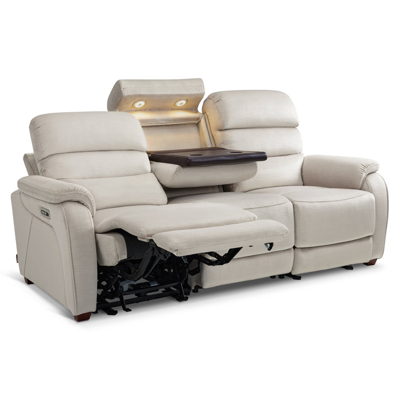 Power Reclining Sofa with Drop Down Table, Touch light, 3-Seat Recliner Couch with Adjustable Headrest, Beige