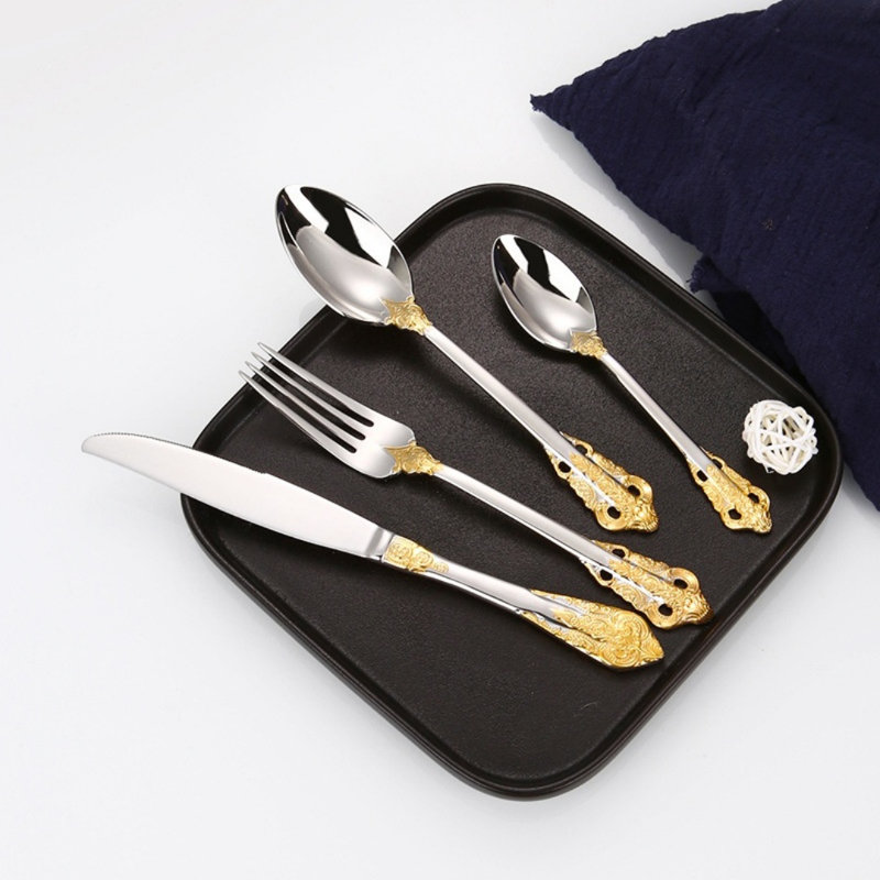 Ensemble de couverts 20 pièces en acier inoxydable embossé royal, fourchette et cuillère élégantes en or