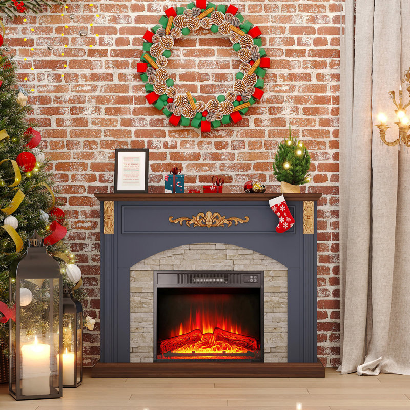 44" Farmhouse Electric Fireplace With Heater Insert & Mantel - Rustic For Living Room, Blue