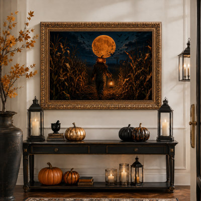 Épouvantail à tête de citrouille dans un champ de maïs pour l'Halloween - Tableau sur toile