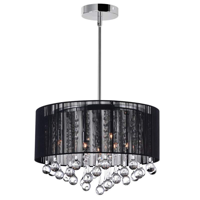 6 Light 18in Chrome Chandelier with Black Shade with Crystal Drops, Black