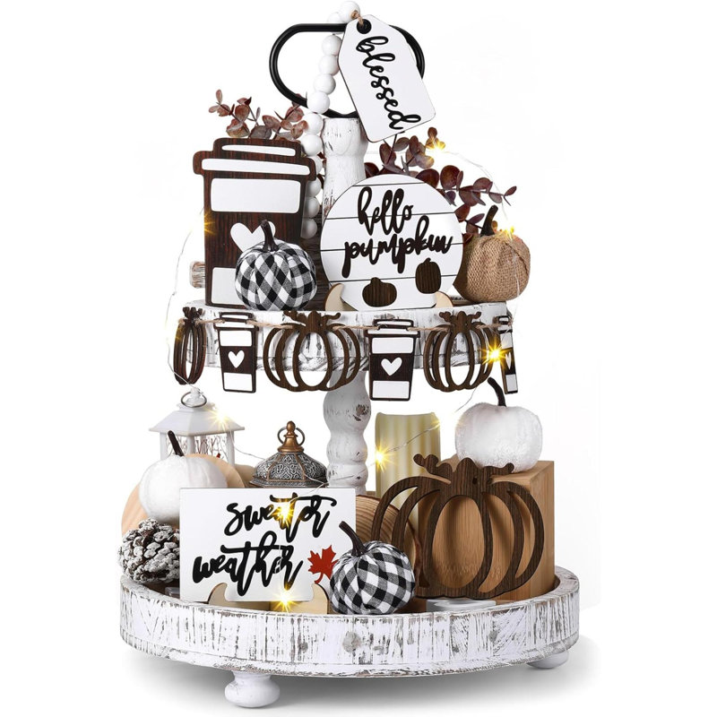 Ensemble de 19 décorations de plateau rustique d'automne rustique d'automne, ensemble de décoration de maison de campagne d'automne, décor d'automne rustique de citrouille, plateau d'automne à plusieurs niveaux, signe de plateau de table pour la cuisi