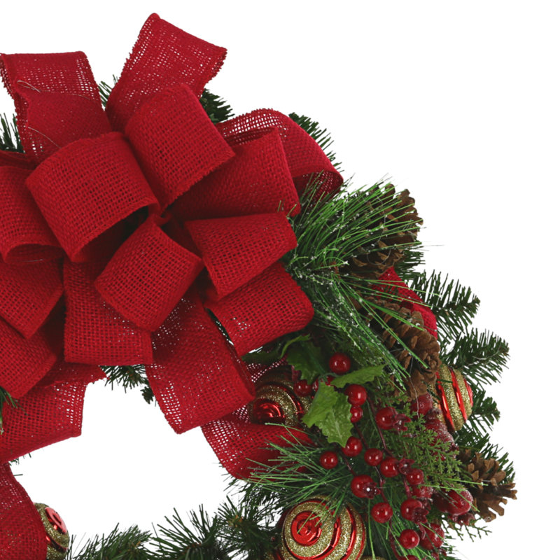 24" Holiday Wreath With Ornaments, Berries And Bows