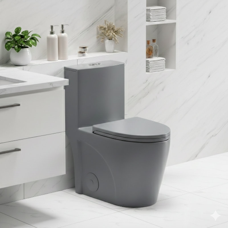 Single-unit toilet with 1.1/1.6 GPF vortex flush for bathroom installation, 12-inch siphonic S-trap, elongated bowl with slow-close seat, high-performance dual-flush (1000g MAP), 17-inch ADA comfort-height chair seat, in a light gray finish.