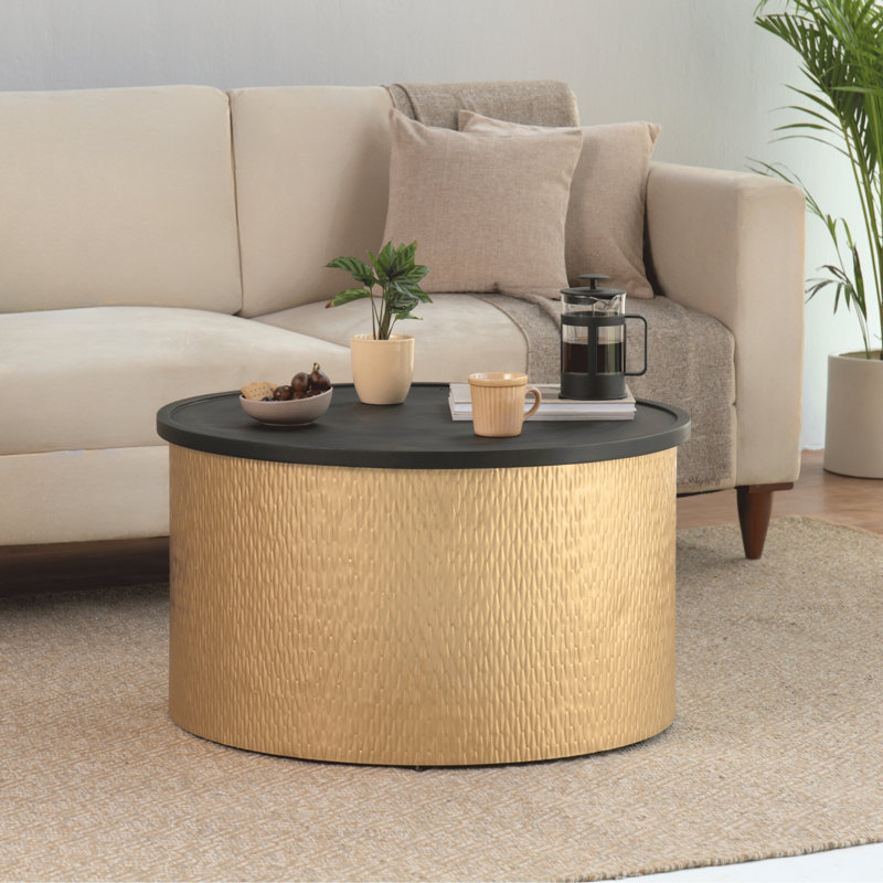 Modern Accent Cylindrical Round Coffee Table with Black Top, Gold